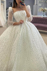 Sequined Wedding Dresses with Ball-Gown Square Neckline and Long Sleeves