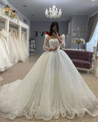 Sequined Wedding Dresses with Ball-Gown Square Neckline and Long Sleeves
