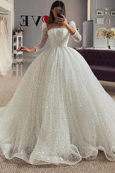 Sequined Wedding Dresses with Ball-Gown Square Neckline and Long Sleeves