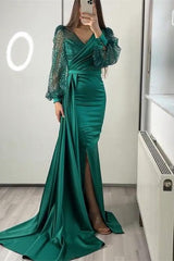Sequins V Neck Long Sleeves Mermaid Split Evening Dress with Ruffle