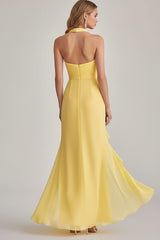 Dreamyannie Sheath Chiffon Light Yellow Halter Neck Long Formal Dress