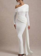 Sheath Column Asymmetrical Long Sleeves Floor Length Jersey Wedding Dress with Side Drape