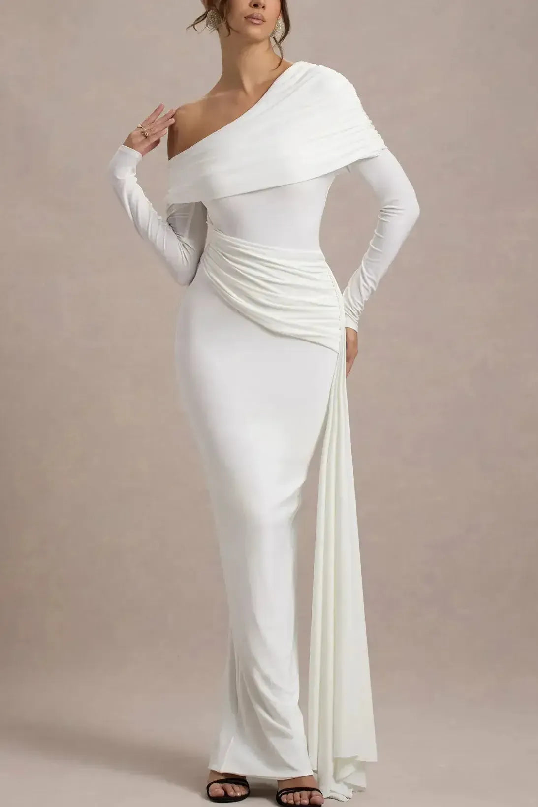 Sheath Column Asymmetrical Long Sleeves Floor Length Jersey Wedding Dress with Side Drape