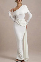 Sheath Column Asymmetrical Long Sleeves Floor Length Jersey Wedding Dress with Side Drape