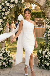 Dreamyannie Sheath Column One Shoulder Sleeveless Ankle Length Elastic Satin Wedding Dress with Bow and Side Drape