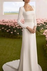 Sheath Column Square Neckline Long Sleeves Chapel Train Elastic Satin Wedding Dress