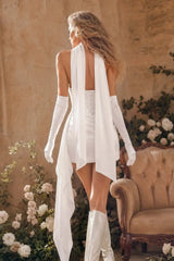 Sheath Column Strapless Sleeveless Short Mini Matte Satin Wedding Dress with Side Drape