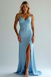Sheath Dusty Blue Wedding Guest Dress Spaghetti Straps Long Bridesmaid Dress With Slit