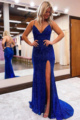 Sheath Spaghetti Straps Blue Prom Dress Sequined Long Evening Dress with Silt