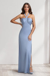 Sheath/Column Halter Dresses Long Ruched Bridesmaid Dresses with Split Side