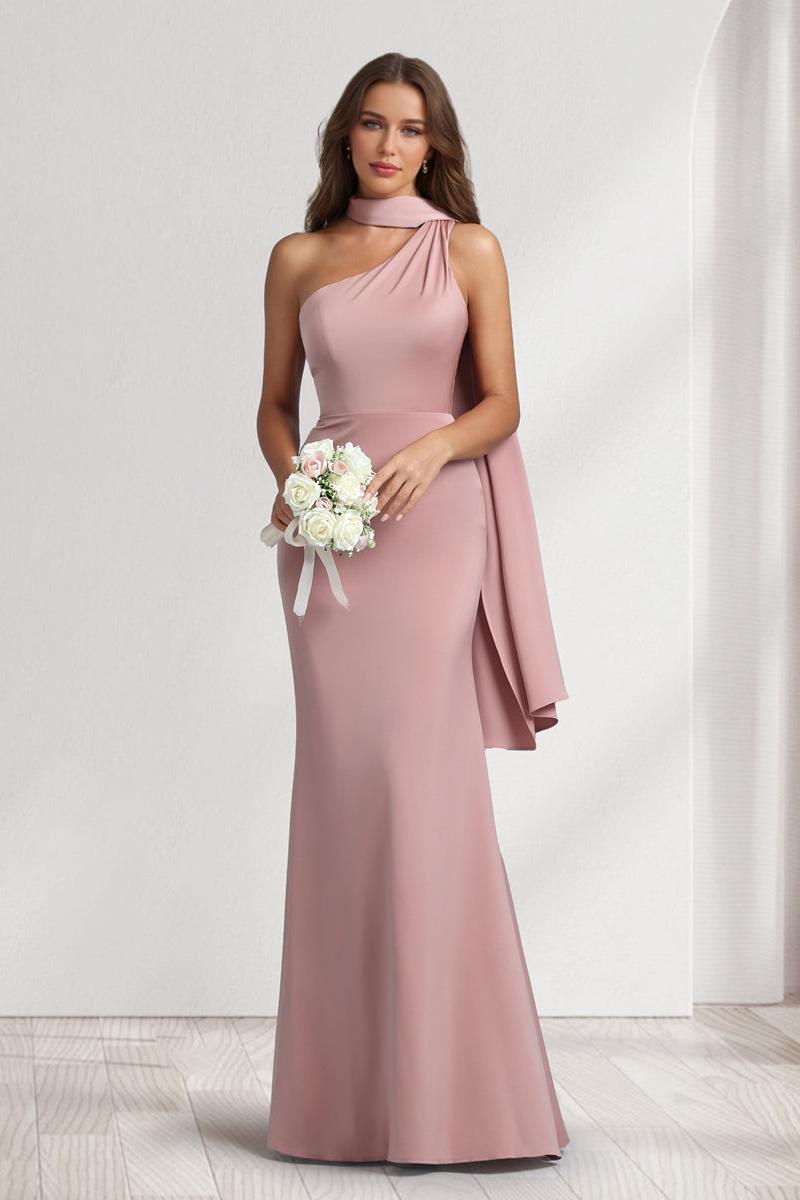 Sheath/Column Halter Maxi Dresses Long Bridesmaid Dresses with Neck Scarf