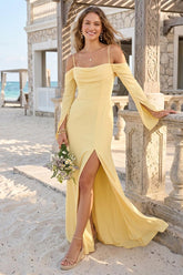 Sheath/Column Off-the-Shoulder Long Sleeves Floor-Length Bridesmaid Dresses With Ruched & Split Side