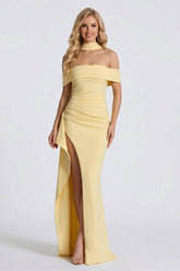 Sheath/Column Off-the-Shoulder Scarf Wrap Floor-Length Bridesmaid Dresses with Pleats & Split Side