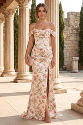Sheath/Column Off-the-Shoulder Spaghetti Straps Floor-Length Floral Bridesmaid Dresses with Split Side Red Floral