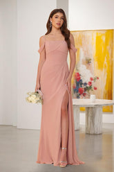 Sheath/Column Off-the-Shoulder Spaghetti Straps Long Ruched Bridesmaid Dresses With Side Slit Dusty Rose