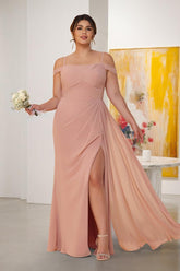 Sheath/Column Off-the-Shoulder Spaghetti Straps Plus Size Bridesmaid Dresses With Side Slit Dusty Rose