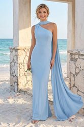 Sheath/Column One-Shoulder Floor-Length Long Bridesmaid Dresses With Neck Scarf