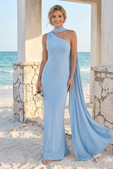 Sheath/Column One-Shoulder Floor-Length Long Bridesmaid Dresses With Neck Scarf