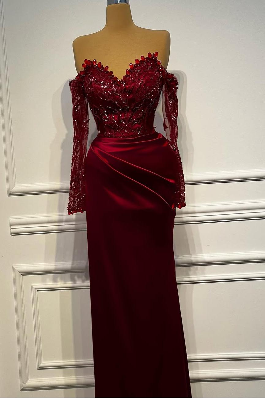 Sheath/Column Prom Dress Long Sleeve Off the Shoulder Beaded Evening Dress