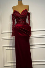Sheath/Column Prom Dress Long Sleeve Off the Shoulder Beaded Evening Dress