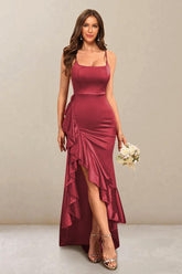 Sheath/Column Scoop Straps Ruffled Long Bridesmaid Dresses with Split Side