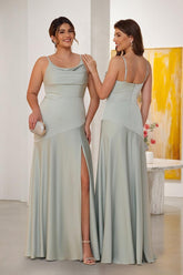 Sheath/Column Spaghetti Straps Cowl Neck Sleeveless Bridesmaid Dresses With Split Side As Picture