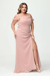 Sheath/Column Spaghetti Straps Off-the-Shoulder Chiffon Split Side Plus Size Bridesmaid Dresses As Picture