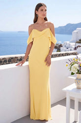Sheath/Column Spaghetti Straps Off-the-Shoulder Floor-Length Bridesmaid Dresses with Ruffles