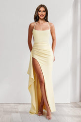 Sheath/Column Spaghetti Straps Pleated Ruffle Bridesmaid Dresses with Split Side
