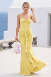 Sheath/Column Spaghetti Straps Sleeveless Long Bridesmaid Dresses with Ruffles