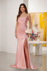 Sheath/Column Spaghetti Straps Sleeveless Ruched Long Bridesmaid Dresses With Side Slit Dusty Pink