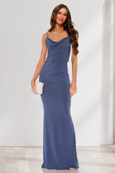 Sheath/Column Straps Cowl Neck Backless Floor-Length Long Bridesmaid Dresses with Lace