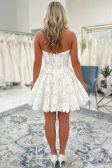 Short Floral Lace A Line Wedding Dress with Sweetheart Neckline