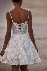 Short Lace A Line Wedding Dress with Spaghetti Straps and 3D Flowers