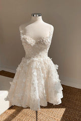 Short Lace A Line Wedding Dress with Spaghetti Straps and 3D Flowers