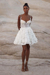 Short Lace A Line Wedding Dress with Spaghetti Straps and 3D Flowers