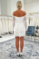 Short Off Shoulder Lace Wedding Dress with Sheer Long Sleeves