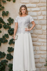 Short-Sleeve A-Line Princess Mother of the Bride Dress with Applique and Sequins
