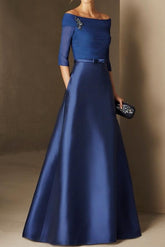 Short-Sleeve Off-the-Shoulder A-Line Mother of the Bride Dress with Belt Applique