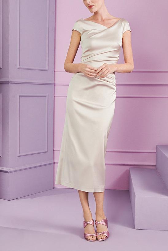 Short Sleeve Tea-Length Cowl Neck Sheath Dress with Ruffles for the Mother of the Bride