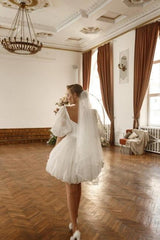 Short White Beach Wedding Dress Off The Shoulder Tulle Glitter Bridal Gown With Sleeves