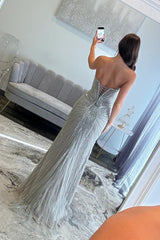 Silver Beaded Mermaid Prom Dress With Deep V-Neck And Front Slit Formal Evening Gown