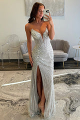 Silver Beaded Mermaid Prom Dress With Deep V-Neck And Front Slit Formal Evening Gown