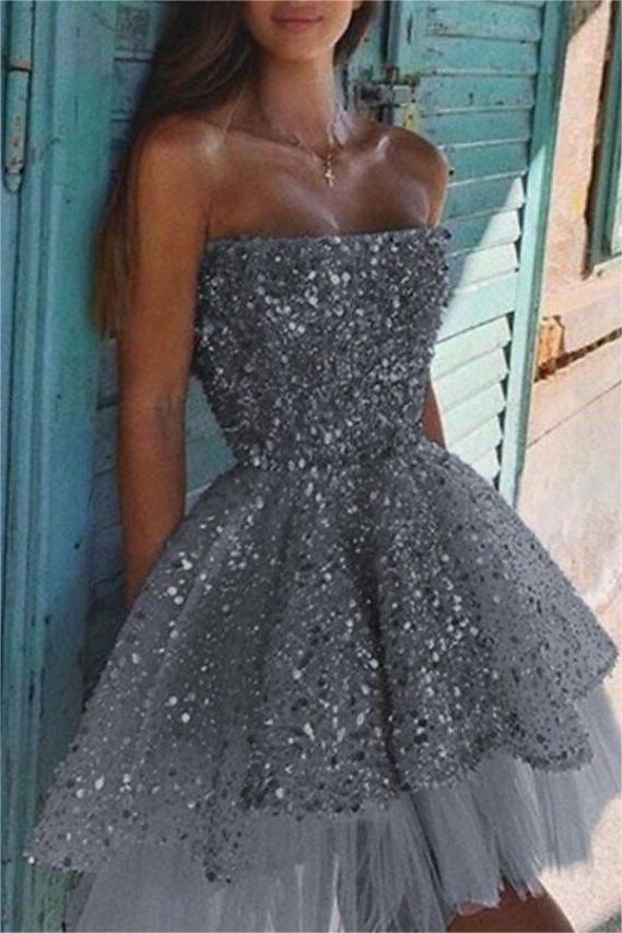 Silver Graduation Dress Sequined Strapless Sleeveless A-Line Short Cocktail Dress