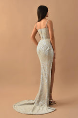 Silver Mermaid Prom Dress Sleeveless Spaghetti Straps Sequined Evening Dress