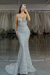 Silver Mermaid Prom Dress Sleeveless Spaghetti Straps Sequined Evening Dress