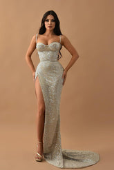 Silver Mermaid Prom Dress Sleeveless Spaghetti Straps Sequined Evening Dress