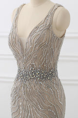 Silver Mermaid Prom Dress Sleeveless V Neck Beaded Evening Dress