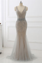 Silver Mermaid Prom Dress Sleeveless V Neck Beaded Evening Dress