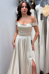 Silver Prom Dress A Line Strapless Off The Shoulder Sleeveless Simple Satin Formal Dress With Slit